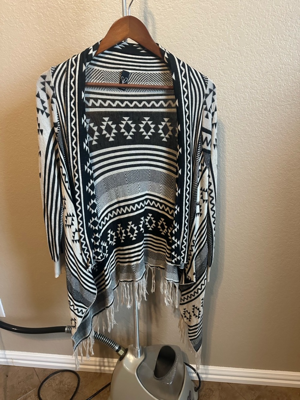 Windsor Black & White Aztec Fringe Open-Front Cardigan